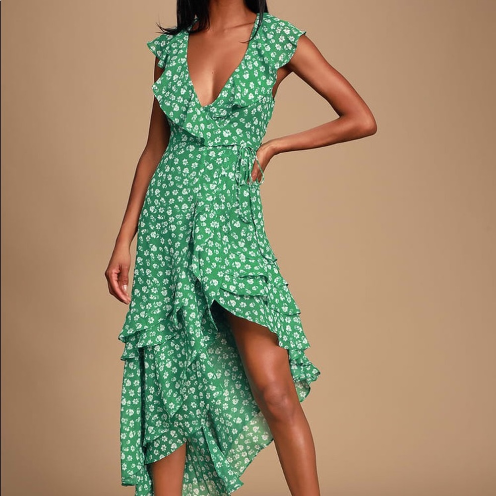 Asymmetrical Green with White Florals Wrap Dress